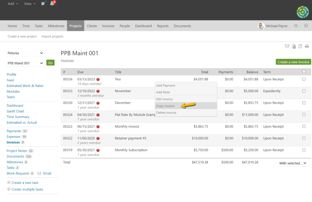 Copy Invoice from Project