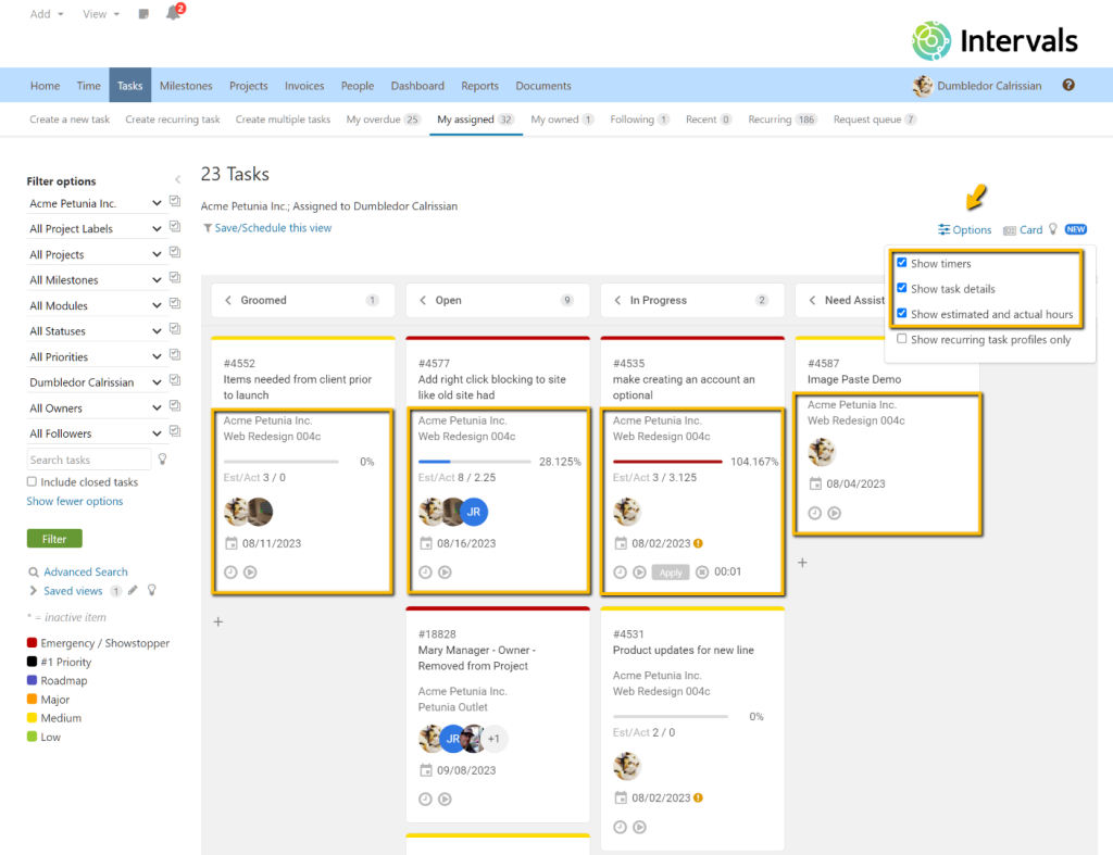 Kanban Options Menu